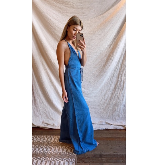 Free People Retro Wide Leg Denim Halter Jumpsuit - Picture 7 of 12
